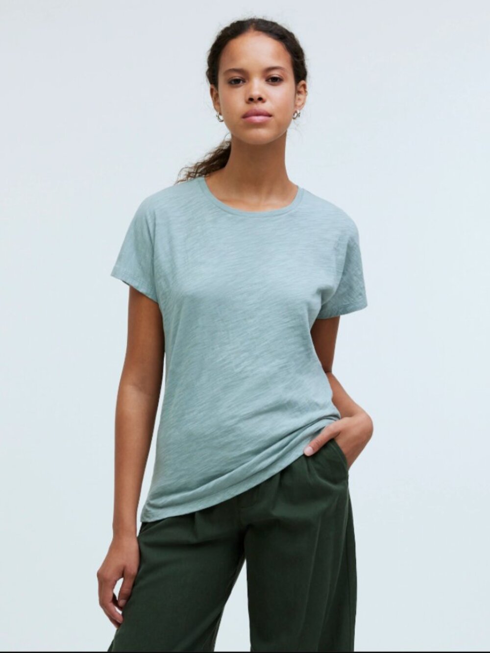 Madewell Dolman-Sleeve Boxy Crewneck Tee in Slub Pale Eucalyptus Size Medium - Picture 2 of 13